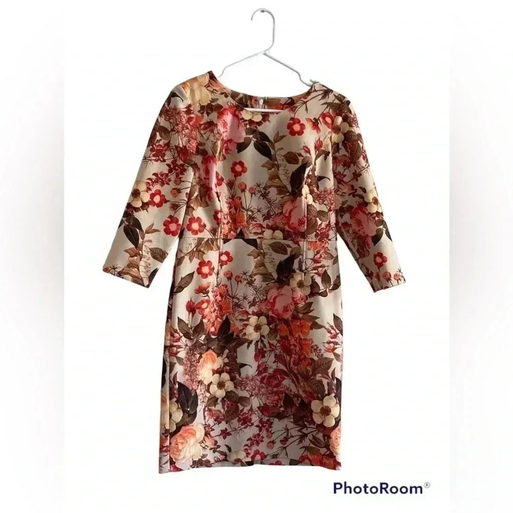 Talbots 3/4 Sleeve Lined Knee Length Sheath Dress-Multicolor Floral -Size 8P